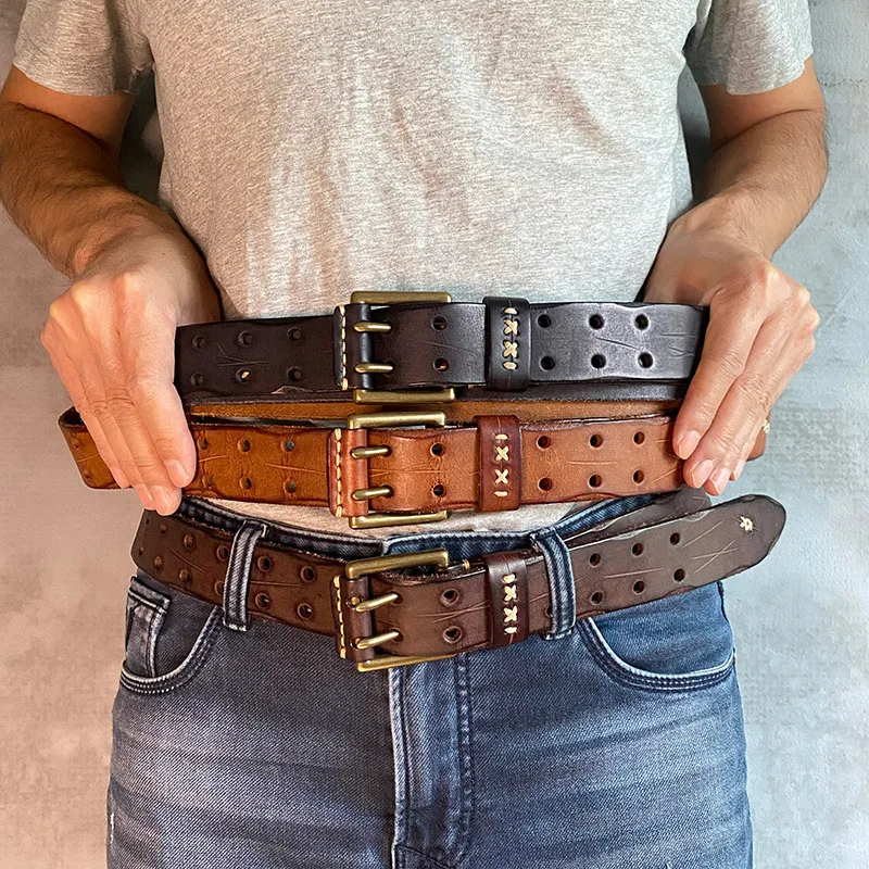 

Мужской ремень из натуральной кожи 3,8 см, роскошный, толстый, с двойной латунной пряжкой, для джинсов и брюк, в ковбойском стиле
