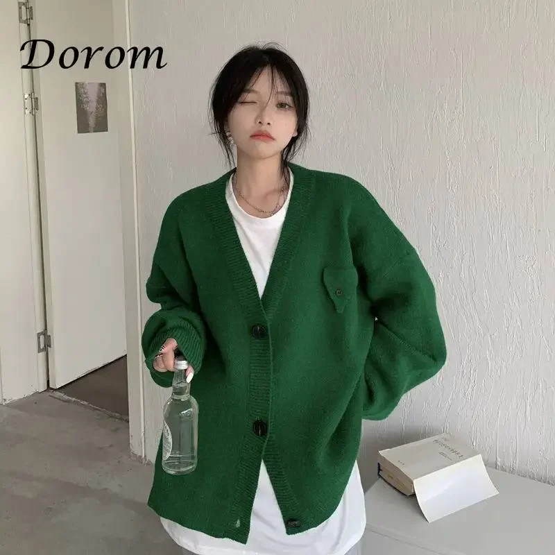 Japanese Vintage Green Rib Knitted Cardigan Women Harajuku V-neck Single-breasted Sweater Coat Autumn Warm Casual Loose Outwear