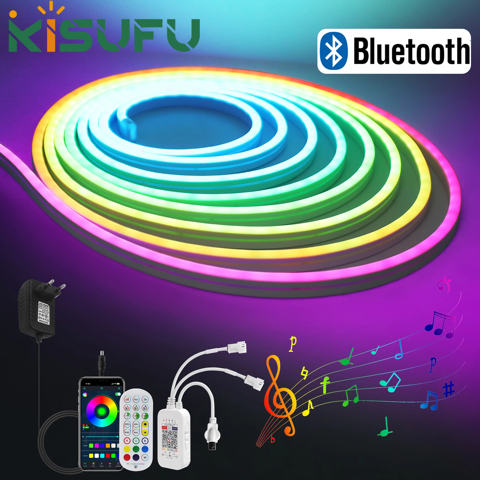 

RGB Neon LED Strip Lights 12/24V 84LEDs/M Bluetooth Music Sync Control with App/Remote Waterproof Flexible Silicone Ribbon Tape