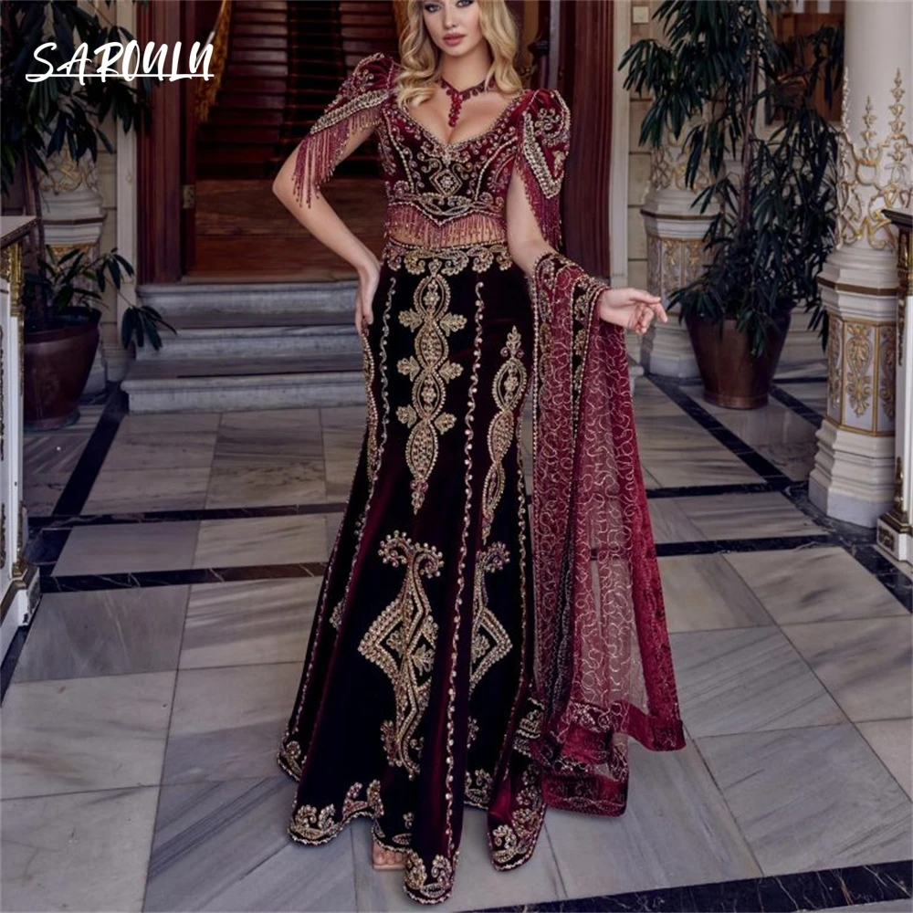 

Maroon Heavy Embroidered Bridal Dress Arabic Mermaid Long Fashionable Caftan Sultan Prom Dresses فساتين السهرة Vestidos De Gala