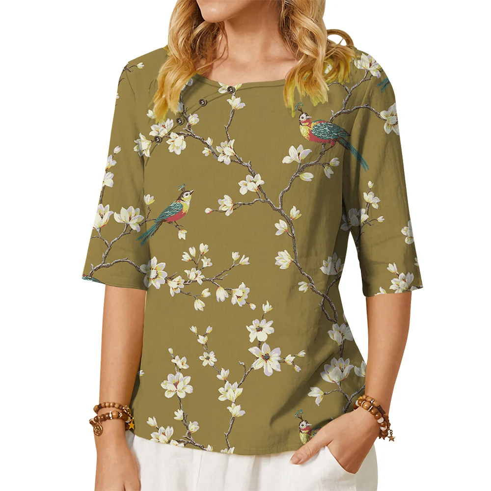 CLOOCL Floral Shirts Women Blouses Mid Sleeve Shirts with Buttons Elegant Magnolia Flower 3D Printed Ladies Casual Tops