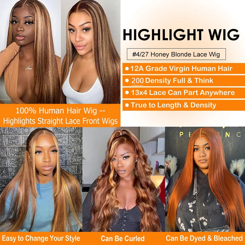 P4/27 Ombre Highlight Lace Frontal Предварительно сорванные цветные костяные прямые парики 13x4 Прозрачные парики из натуральных волос на кружеве для женщин