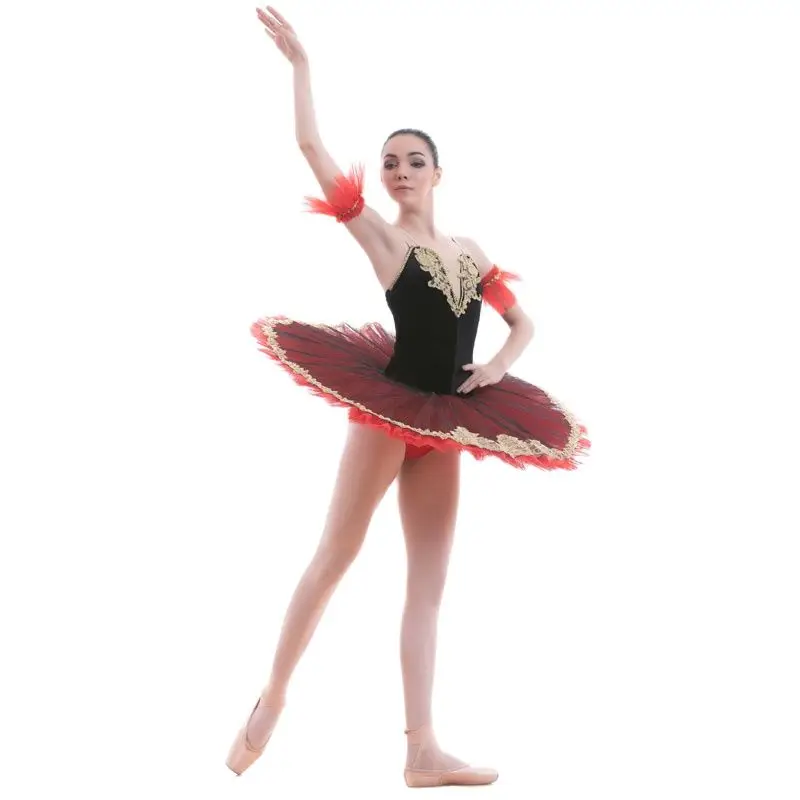 BLL012 Black Velvet Red Tulle Pre-professional Ballet Tutu for Girl & Women Spandex with Gold Applique Trim Ballerina Tutu