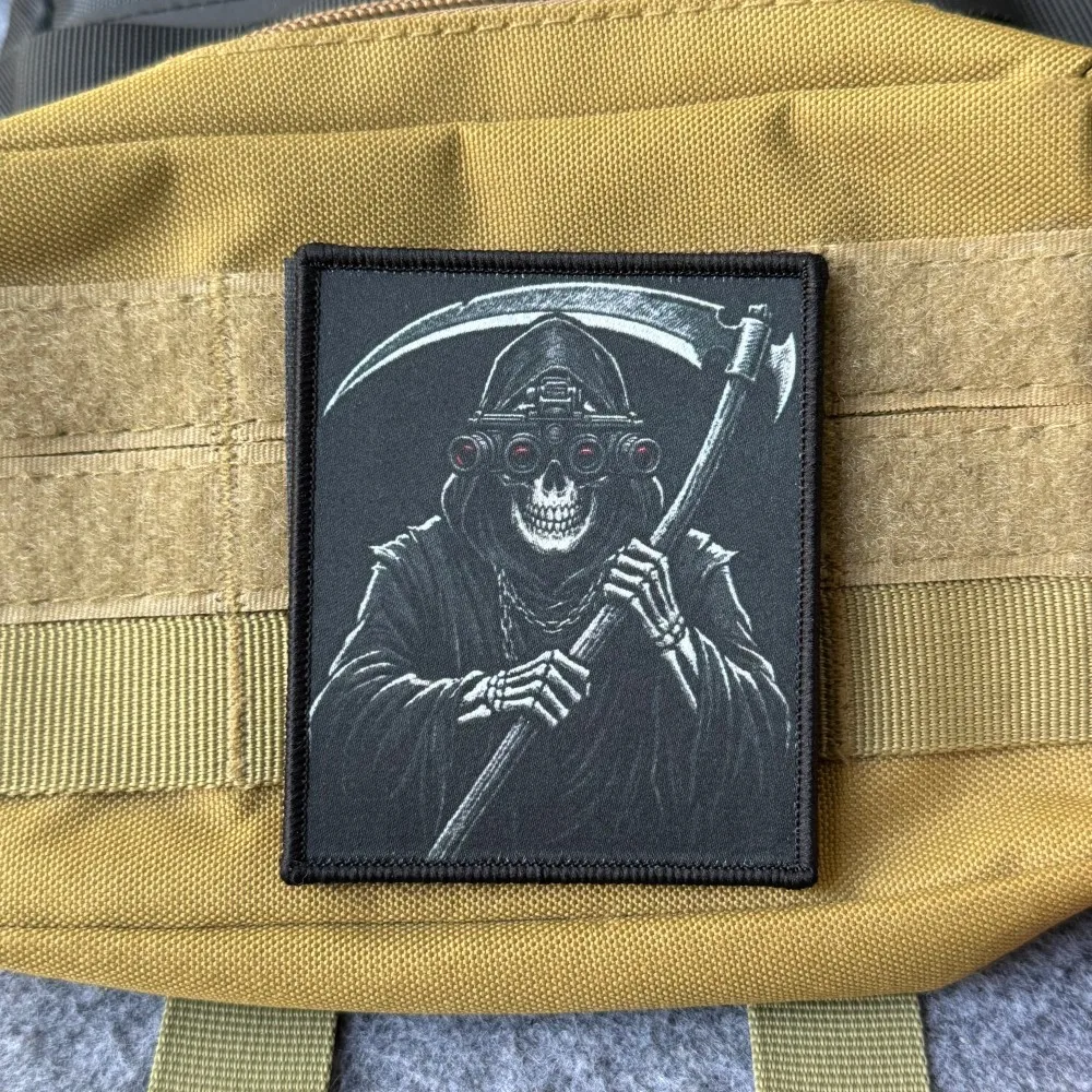 

Reaper Tactical Patch Skull Design with Scythe & Night Vision Hook and Loop Armband Military Patch for Backpacks, Jackets, Vests