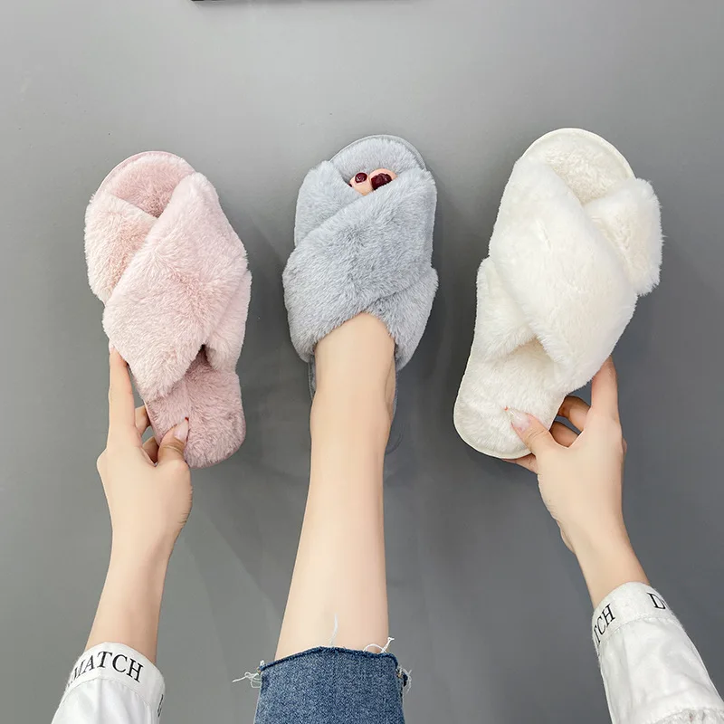 House Slippers Winter Women  Faux Fur Fashion Warm Shoes Woman Slip on Flats Female Slides Black Pink cozy home furry slippers