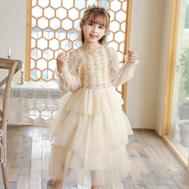 4-14 Years Long Girls Dresses A-line Long Sleeve Lace Kids Vestidos Wedding Party 4 6 8 10 12 14 Years Kids Clothes OGF214427