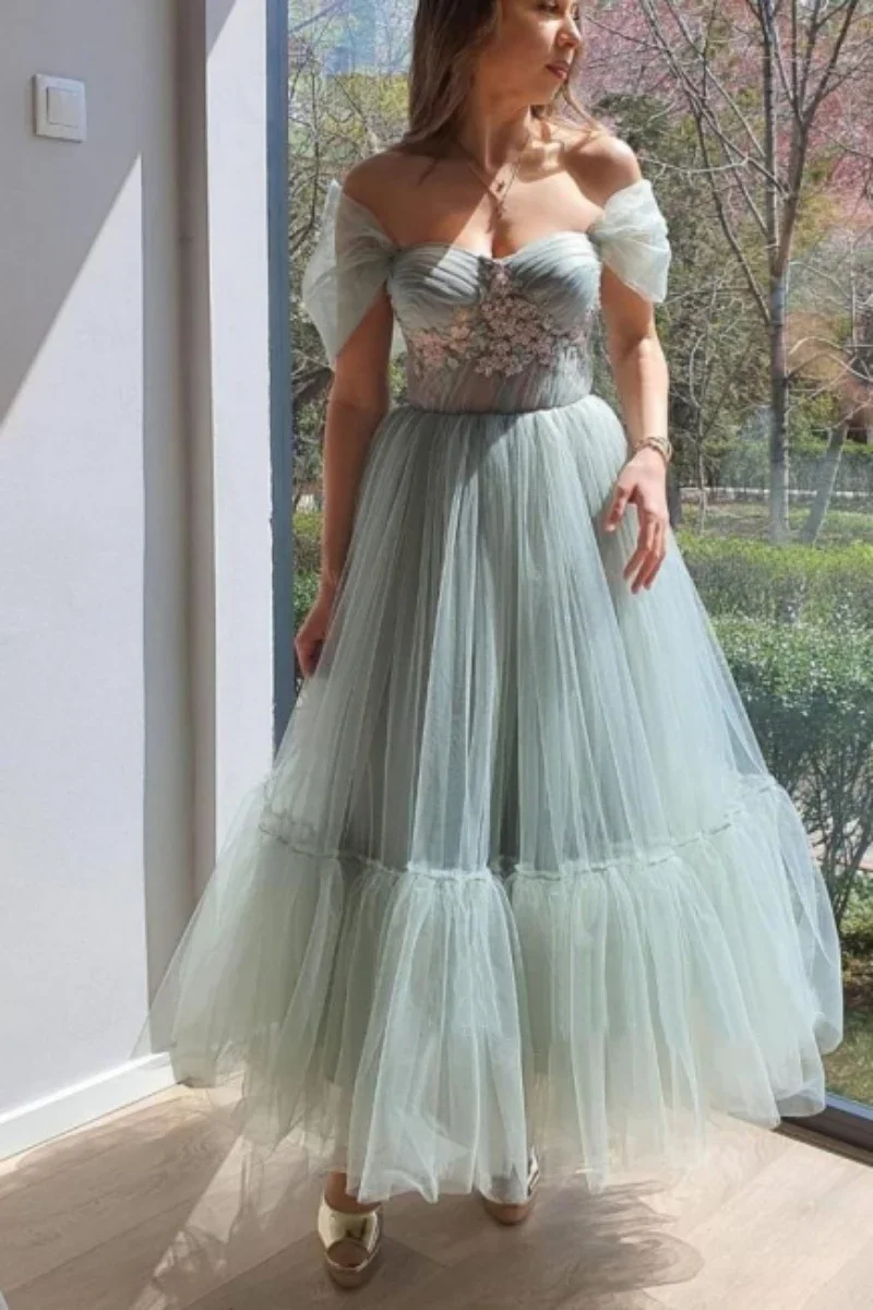 MYYBLE 2021 Off the Shoulder Simple Sweet Women Formal Party Evening Dress A Line Ankle Length Tulle Bridesmaid Prom Gowns