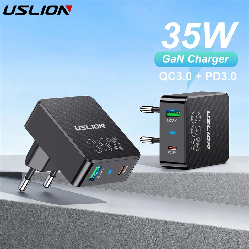 USLION PD 35W USB-C Port Fast GaN Charger For Apple iPhone 15 14 13 12 11 Pro iPad Samsung Power QC3.0 Adapter Quick Charging