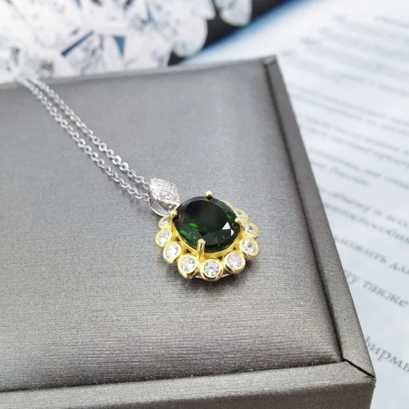 SACE GEMS Certified 925 Sterling Silver 8*10MM Natural Diopside Pendant Necklace for Women Engagement Cocktail Party Fine Jewelr