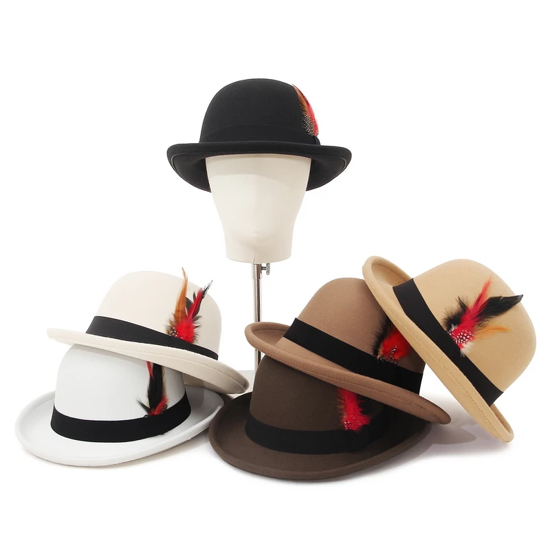

Элегантная женская шляпа-клош, осенне-зимняя винтажная женская мягкая вечерняя церковная шляпа, кепка-ведро с перьями