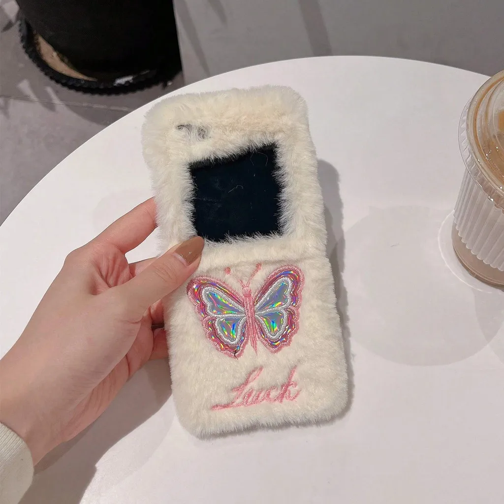 Fashion Cute Embroidered Glitzy Butterfly Winter Warm Plush Fur Case Cover For Samsung Galaxy Z Flip 6 5 4 3 5G