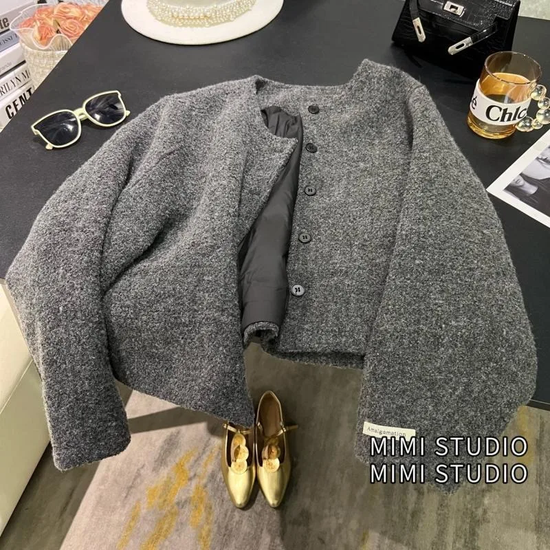 Women Elegant Fuzzy Tweed Little Fragrant Style Down Cotton Coat Cocoon Shape Warm Thick Outerwear For Autumn Winter