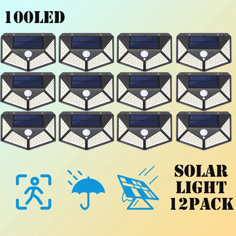 Paquet de 12 lampes solaires extérieures 100LED applique murale capteur de mouvement lumières de sécurité 270 °   Angle d'éclairage lumineux pour jardin, patio