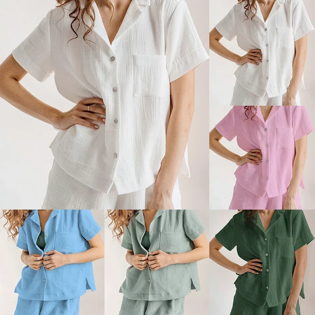 

Women Casual Lapel Short Sleeves Shorts Pajamas Nightwear Solid Color Simple Home Clothes Sleepwear