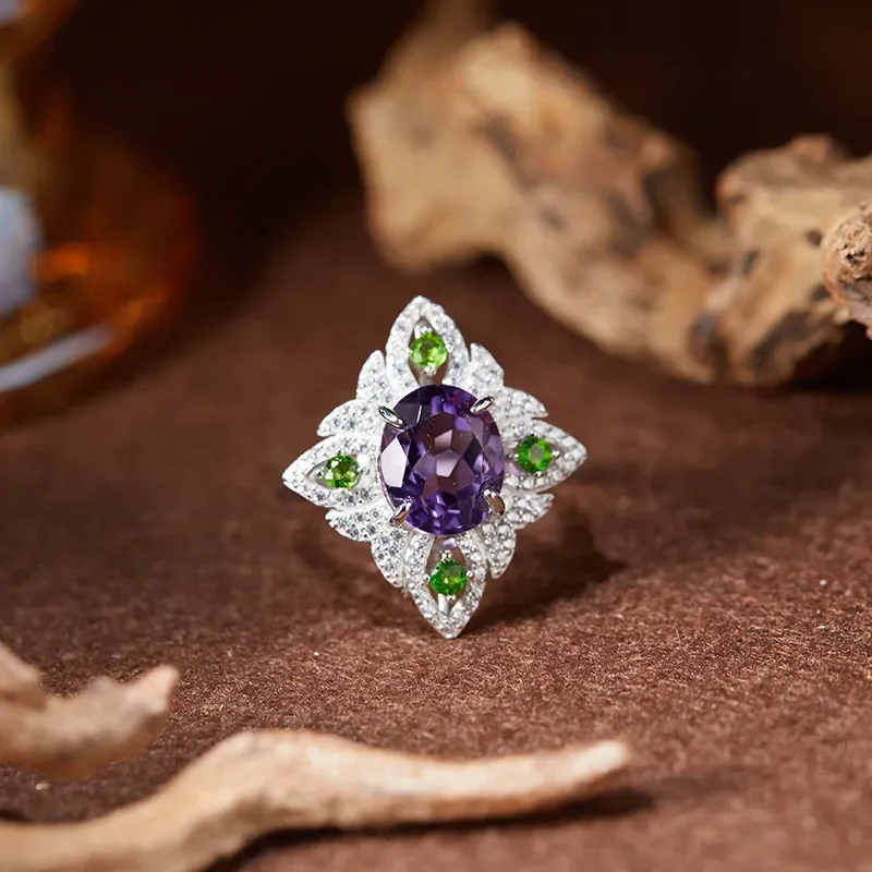 Live stream explosion natural amethyst citrine topaz colored treasure ring female S925 sterling silver factory source