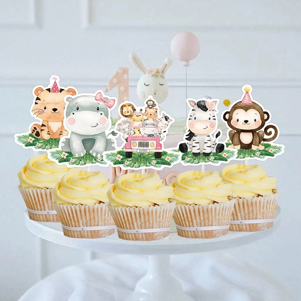 18pcs Carton Animal Cake Topper Pink Animal Paper Toppers for Girl's Jungle Safari Birthday Party Decoration DIY Cake Supplies