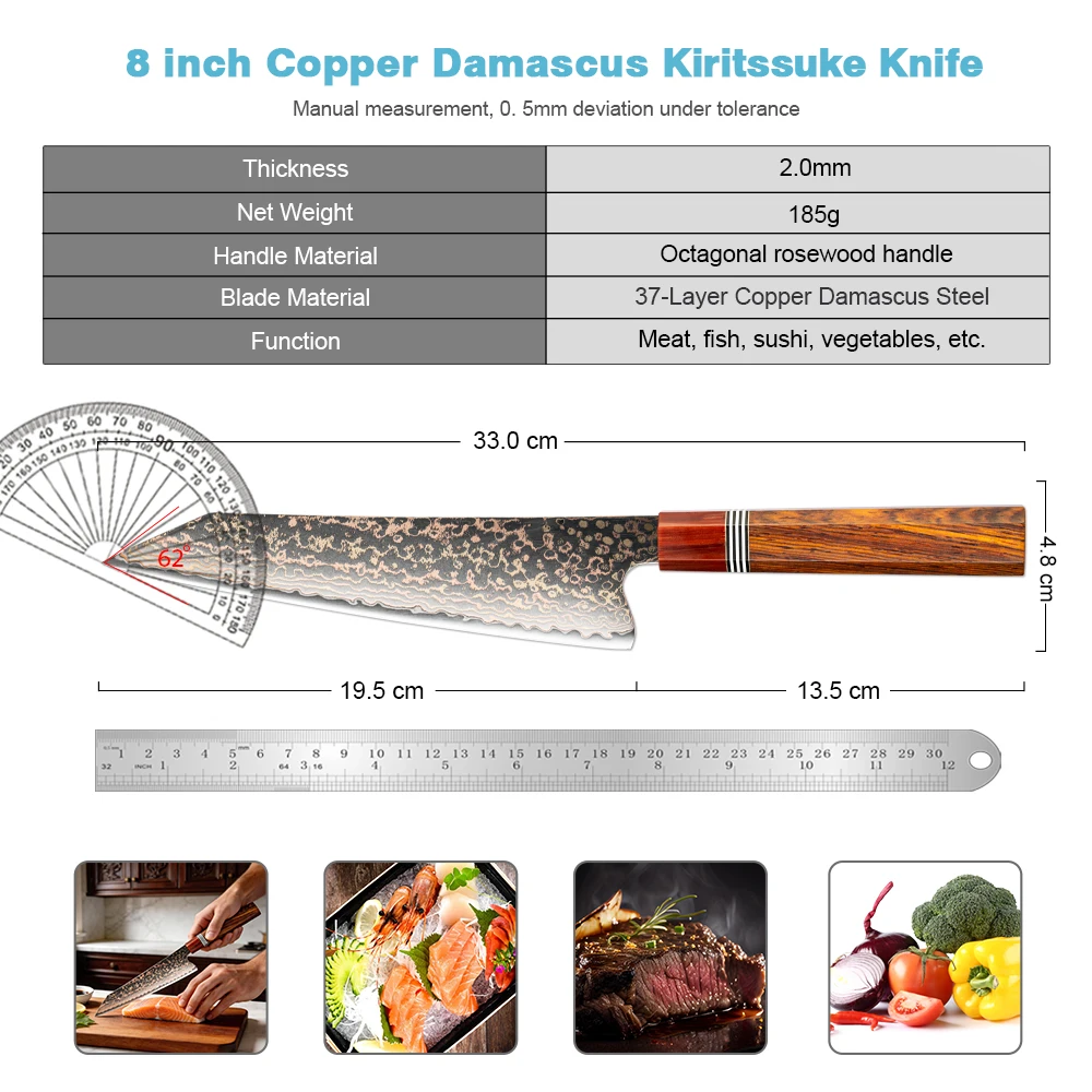 XITUO Handmade Japanese Kiritsuke Knife 37 Layers Copper Damascus Steel Rosewood Handle Sharp Edge Professional Chef Knife