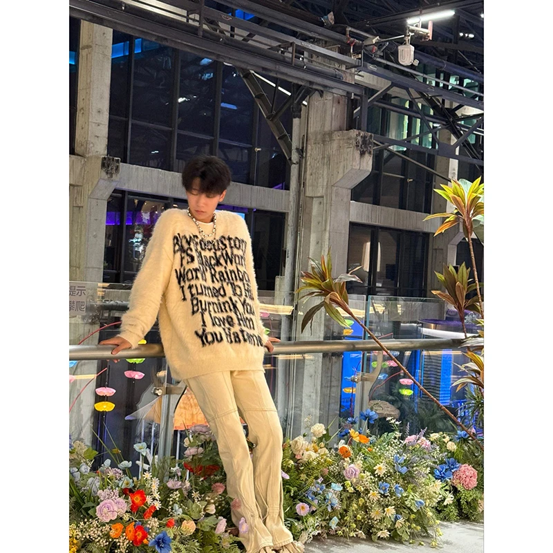 

Мужской вязаный свитер в американском ретро-стиле, средней длины, с круглым вырезом, с буквенным принтом, зимняя верхняя одежда