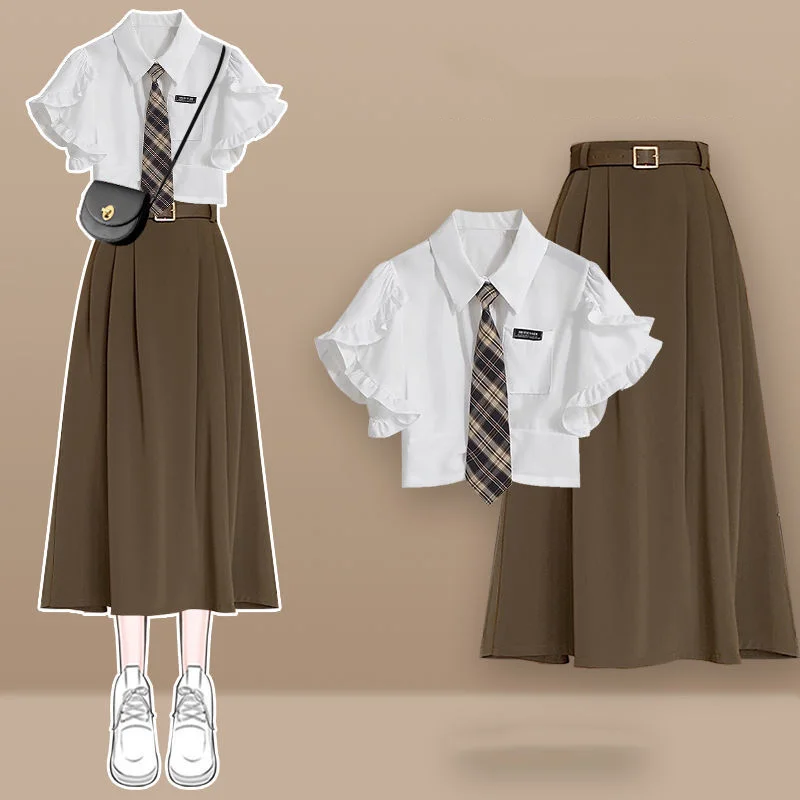 

Summer Gentle Style Wear a Full Set of Women's 2023 New College Style Fashion Blast Street Shirt Half Skirt Two Piece Suit