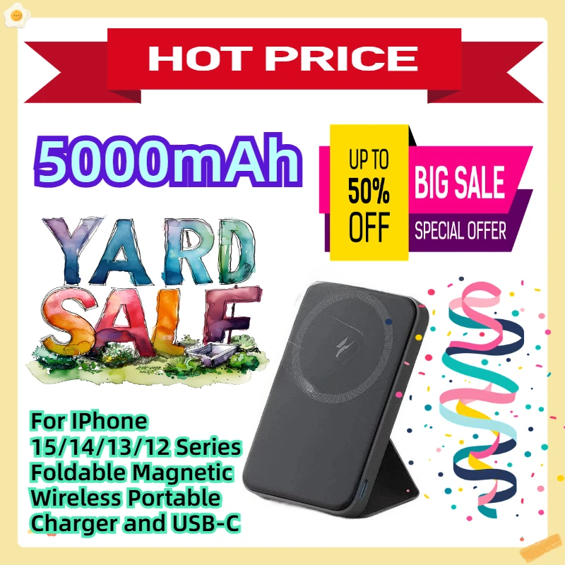 

For IPhone 15/14/13/12 Series 5000mAh Foldable Magnetic Wireless Portable Charger and USB-C