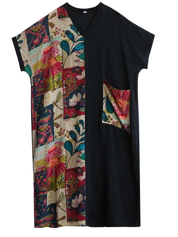 Letnia sukienka plus size z dekoltem w serek, z nadrukiem, z bawełny i lnu, wyszczuplająca, z długim rękawem, damska, modna, wygodna, w kształcie litery A.