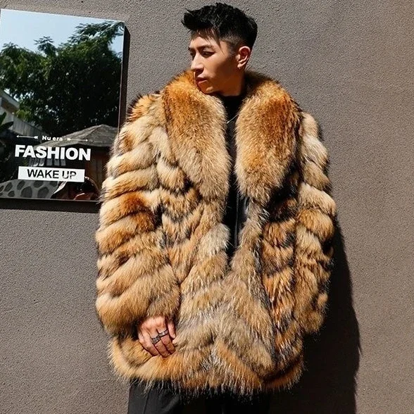 Wholesale Luxury Men Long Sleeve Mid-length Real Raccoon fur Coat Leather Winter Mens Fur Coat