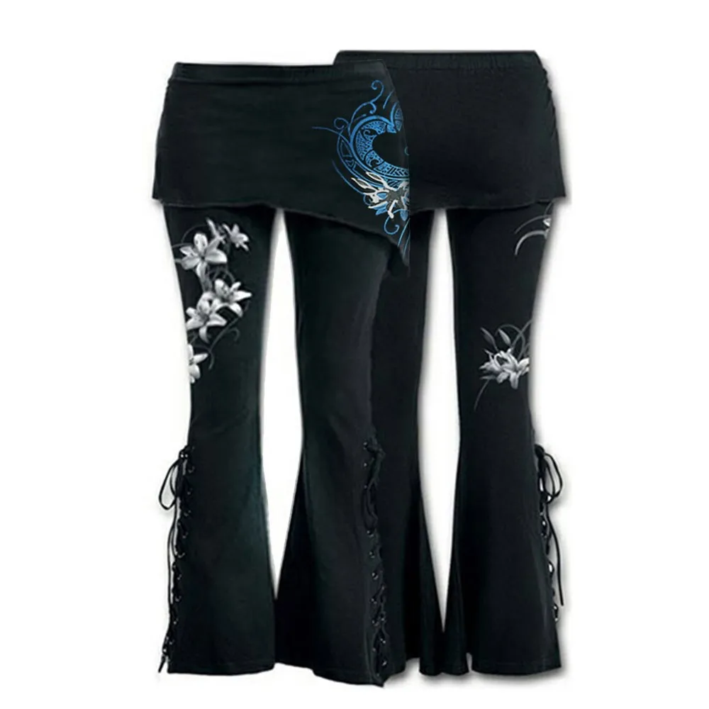 Women Black Embroidered Casual Bandage Flares Punk Lace Up Bell Bottom Leggings Vintage Pockets Solid Autumn Y2K Pants