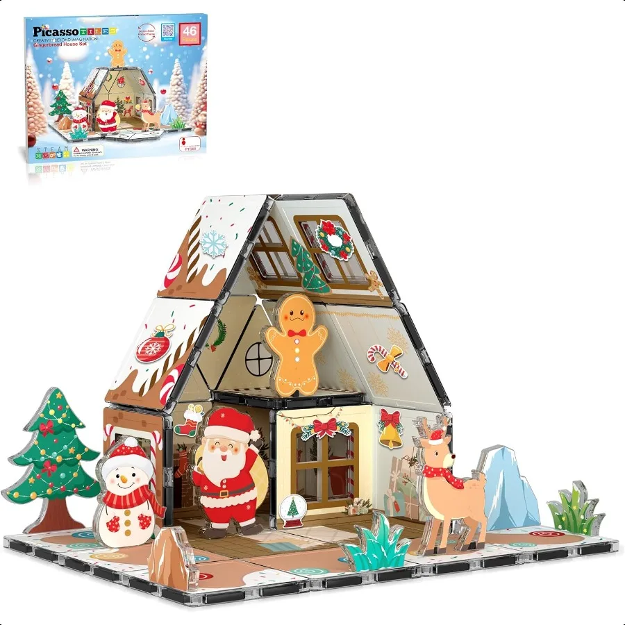 

PicassoTiles Magnetic Tiles Gingerbread House Holiday Character Action Figures Santa Snowman Deer Winter Theme Construction Kit