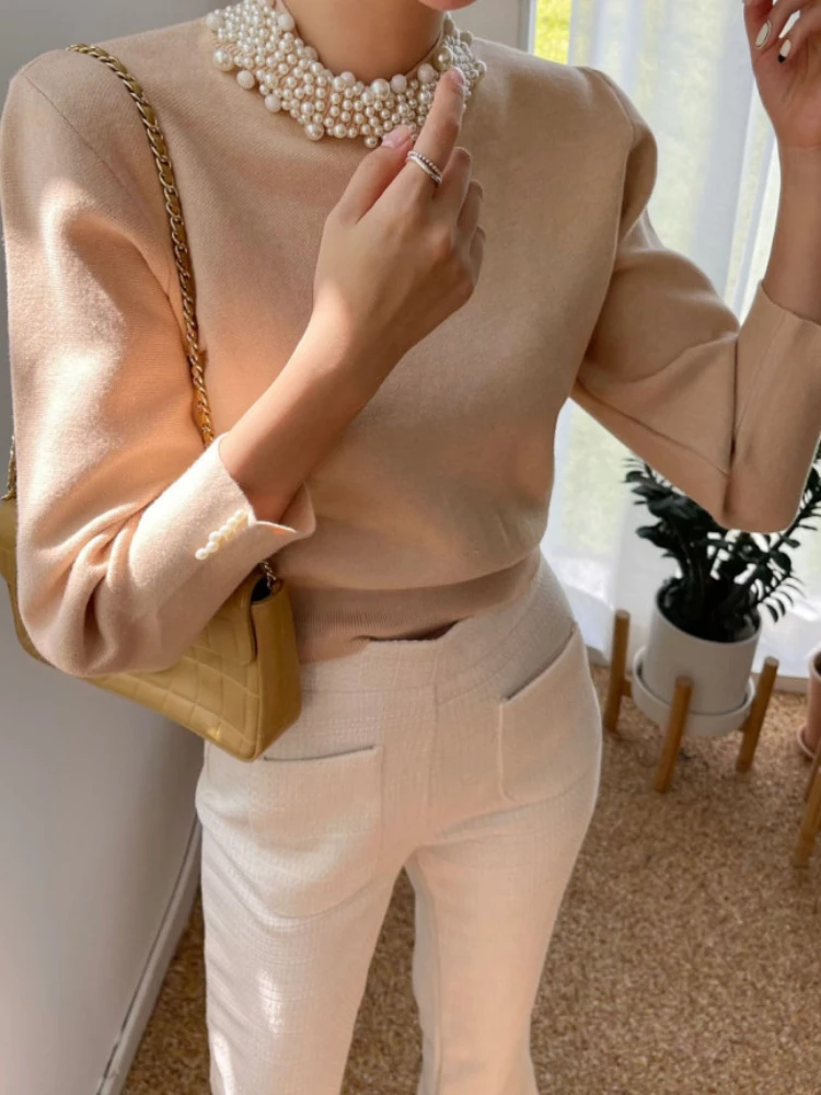 2024 Sweater Women Elegant Beading Knitted Half High Collar Pearl Jumper Sueter Mujer Fashion Casual Pullover Tops Sueter Mujer