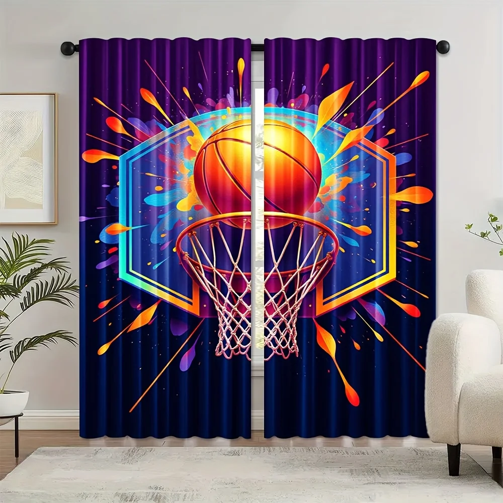 Vibrant Basketball Theme Curtains Blue Purple Sports Pattern Drapes Modern Abstract Window Treatment Curtain Panel for Game