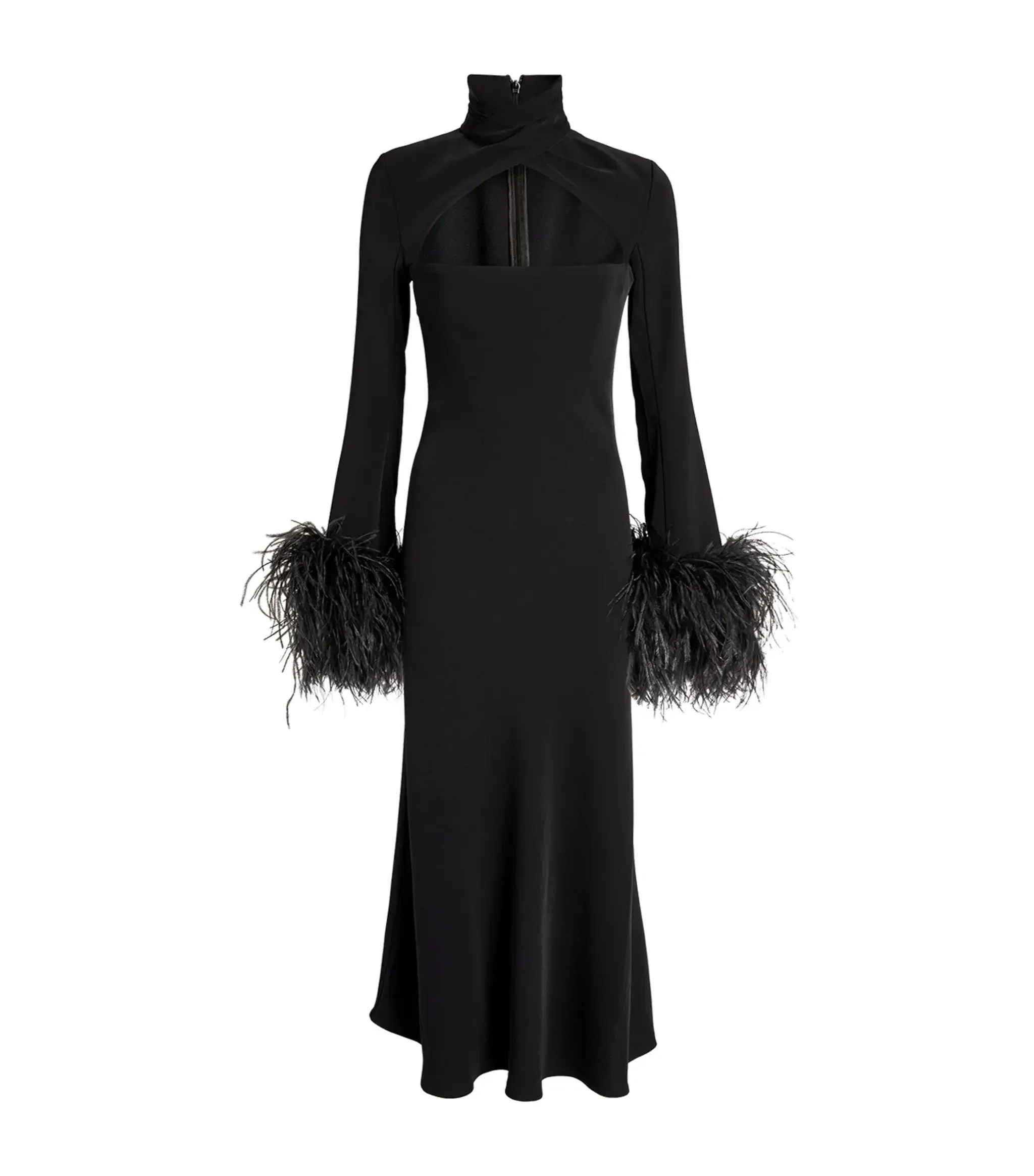 Customized Fashion Black Prom Dresses Saudi Arabia Halter Long Sleeves Cut-Out Evening Dresses Feathers Formal Occasion Party Dr