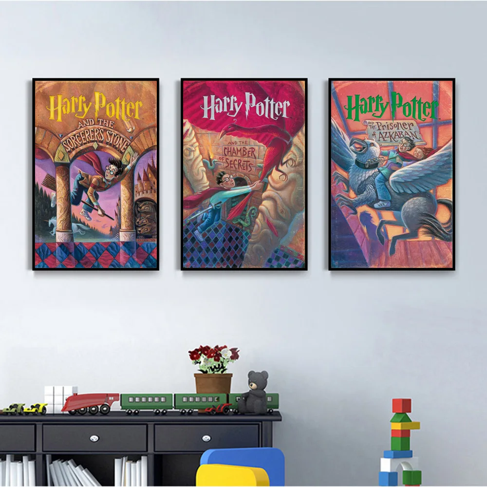 هيروكروس هاري بوتر الكرتون غلاف الكتاب الملصقات ، الكلاسيكية ماجيك مدرسة قماش الفن ، هوجوورتس التوضيح ، جدار ديكور اللوحة