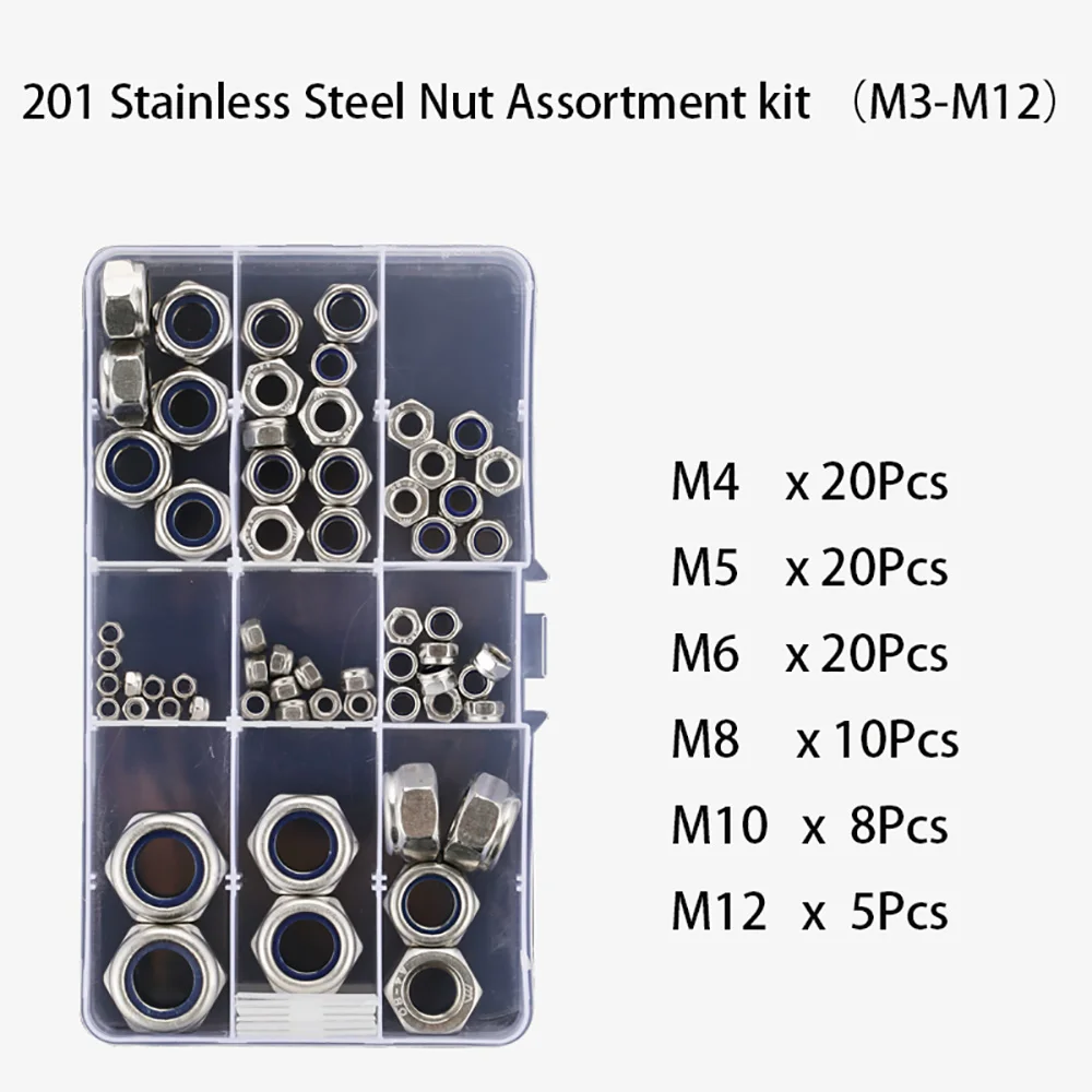 201/316/304 Stainless Steel Hex Nylon Insert Lock Hexagon Nut Assortment kit Set M2-M16 Self-locking Hexagon Nut Nylon Locknut