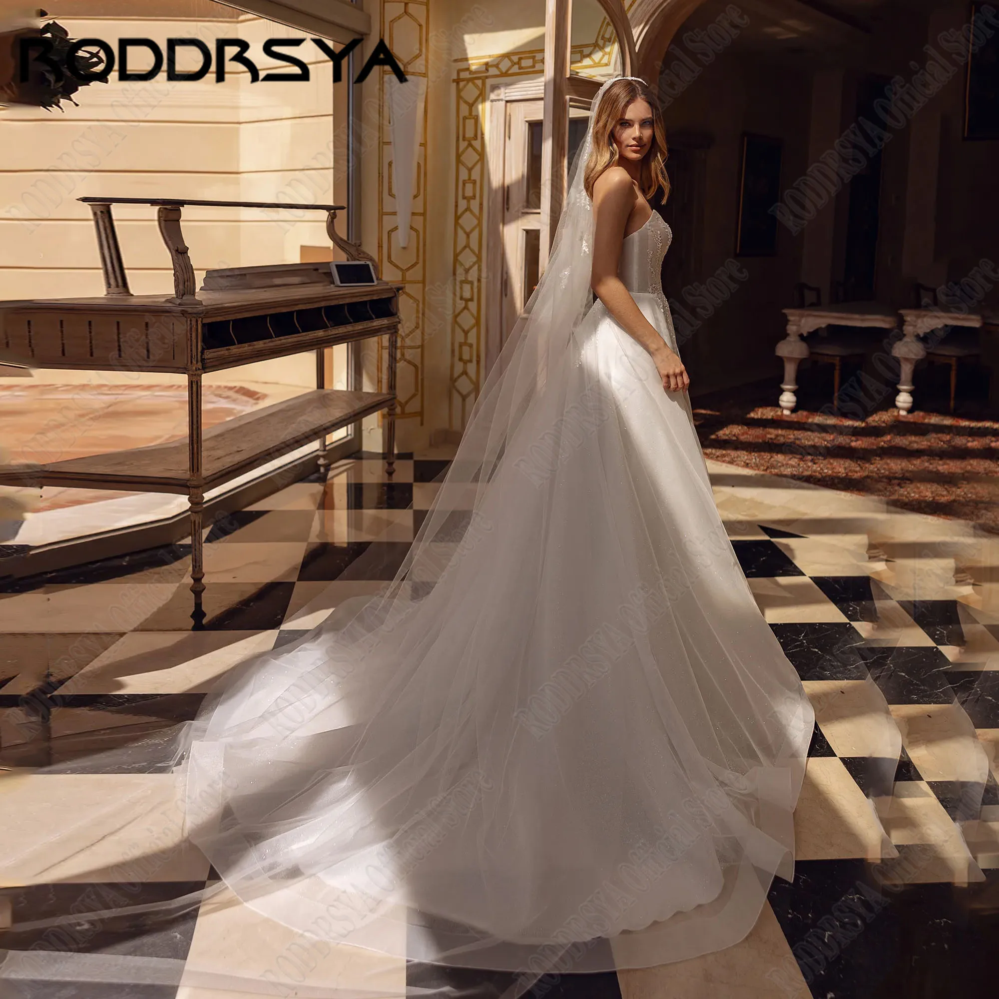 RODDRSYA ประกายชุดแต่งงานแขนที่ถอดออกได้ Strapless A-Line ชุดเจ้าสาว Appliques ที่กําหนดเองชุดเจ้าสาวเปลือย