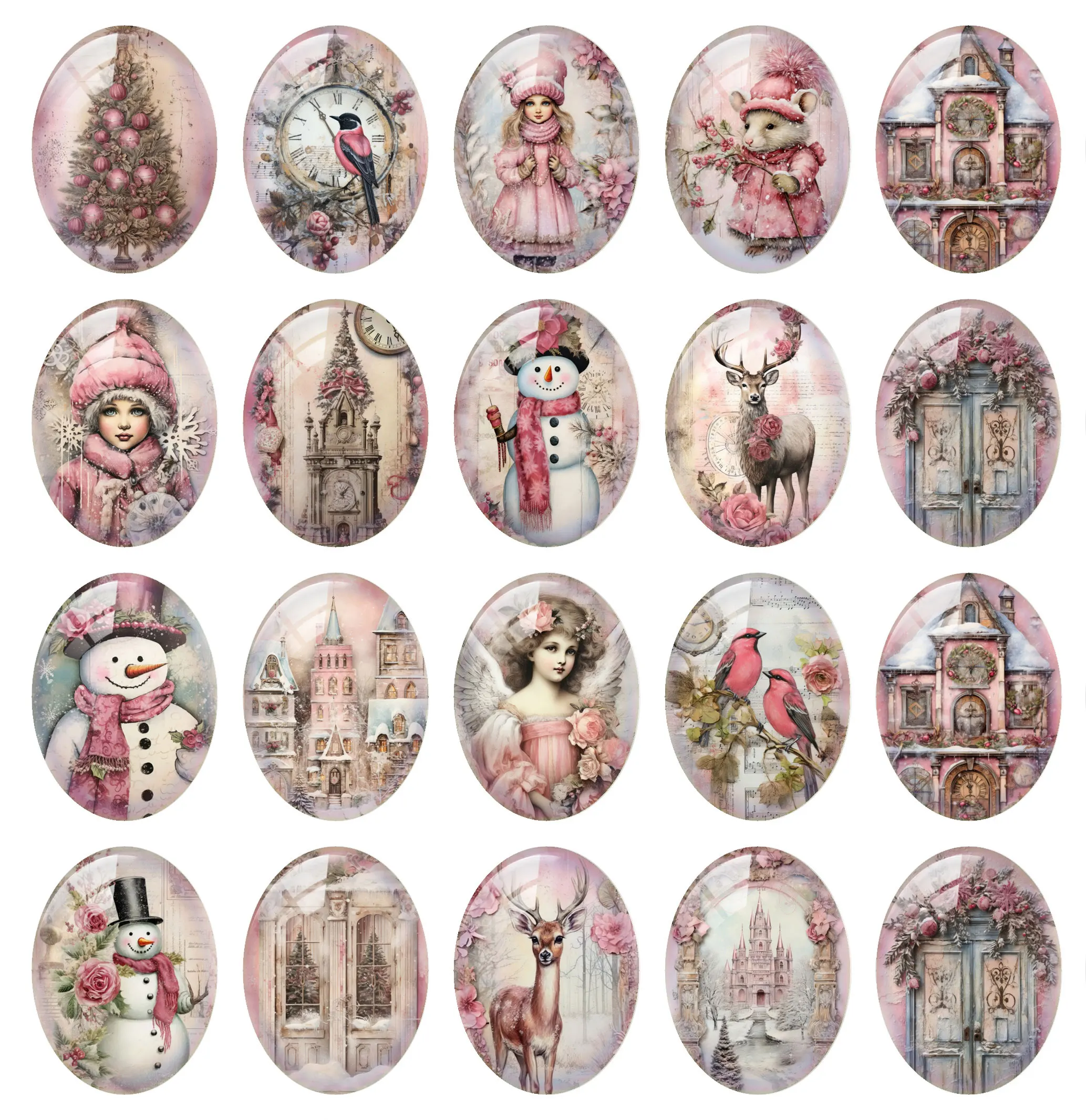 10pcs/lot Christmas X-mas Winter Pink Bird Tree Deer Santa Oval Photo Glass Cabochon Flatback Demo Cameo For Diy Jewelry Making