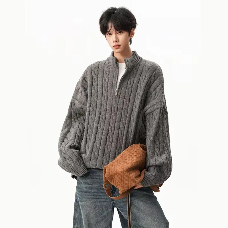 2025 Half Zipper Autumn Long Sleeve Sweater Korean Design Light Ripe Rough Fried Dough Twists Versatile Solid Slouchy Top