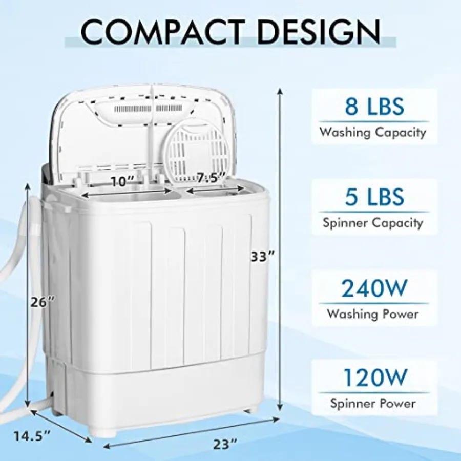 غسالة محمولة مدمجة بتصميم حوض مزدوج للاستخدام المنزلي والشقة والمركبات الترفيهية: 13 رطلًا السعة الإجمالية 8 رطل غسيل + 5 رطل