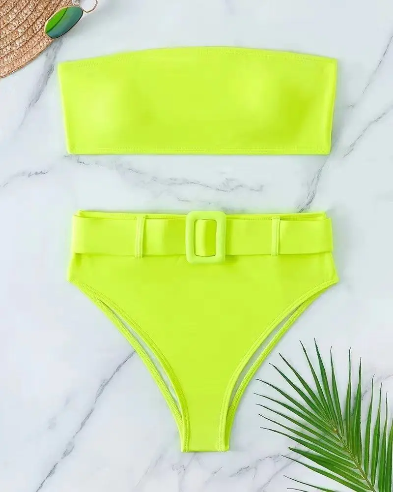 Bandeau Bikinis 2024 Women Sexy High Waisted Swimsuit Neon Pink Swimwear Female Bathers Bathing Swimming Swim Suit Beachwear