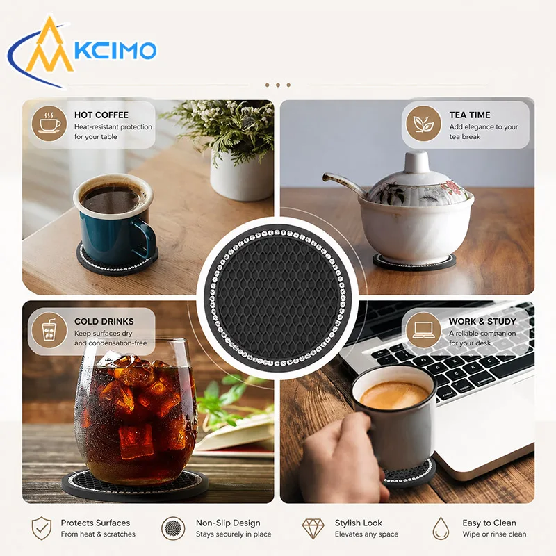 2Pcs Rhinestone Car Cup Coaster Non Slip Heat Resistant Silicone Drink Holder Mat For Auto Desk Table