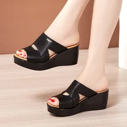 Plus Size 33-43 Casual Outside Medium Heels Platform Wedges Slippers Women Shoes Summer 2024 Beach Office Soft Leather Slides