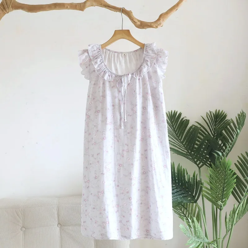 

2026 Summer New Women's Sleeping Skirt 100% Cotton Gauze Countryside Style Sweet Mid length Skirt Loose Thin Home Clothing