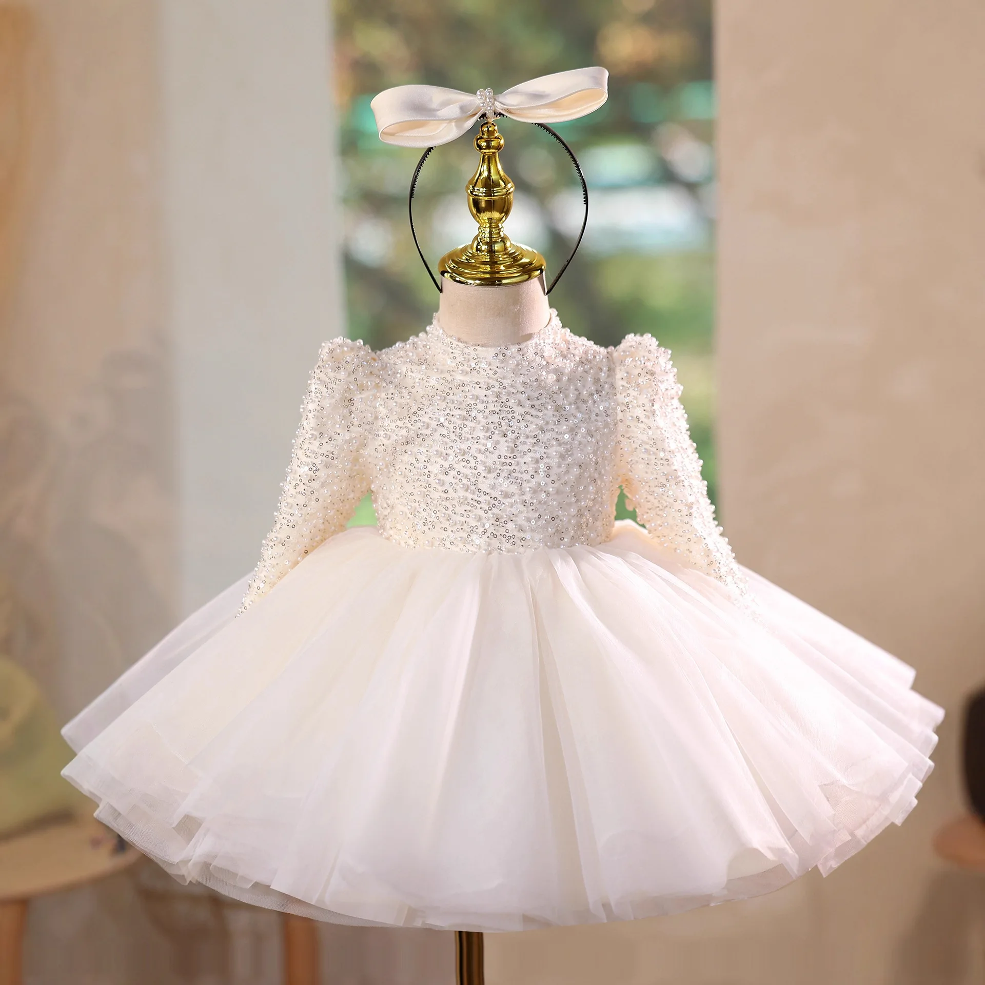 

Платья для девочек с пайетками и бисером, с длинными рукавами, для дня рождения, детские платья для выступлений на фортепиано, церемоний, бальные платья для девочек