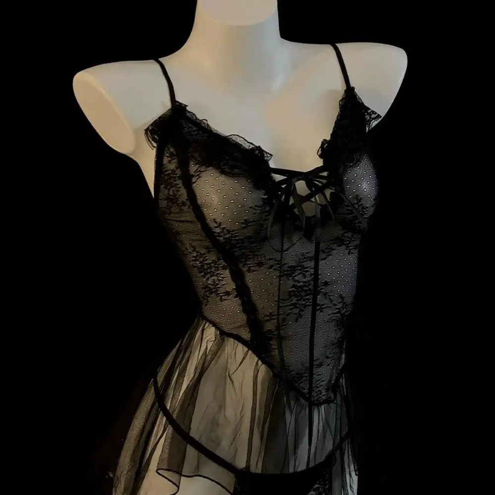 

Sweet V Neck See Through Lace Nightdress Irregular Hem Bowknot Sling Night Dress Transparent Flounce Lace Mesh Nightgown Women