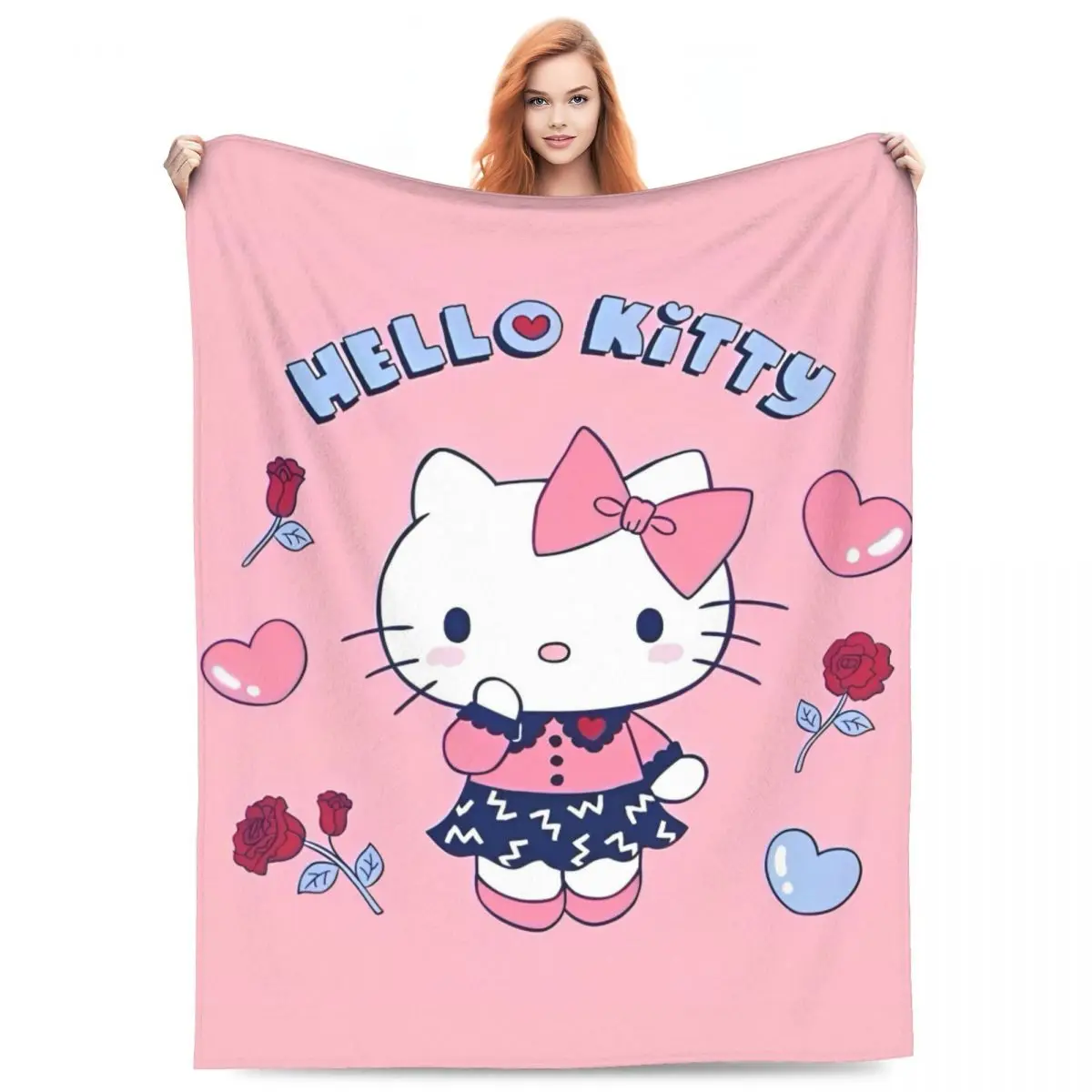 Cute Hello Kitty Blankets Girly Heart Fuzzy Awesome Breathable Throw Blankets for Bed Sofa Spring Autumn