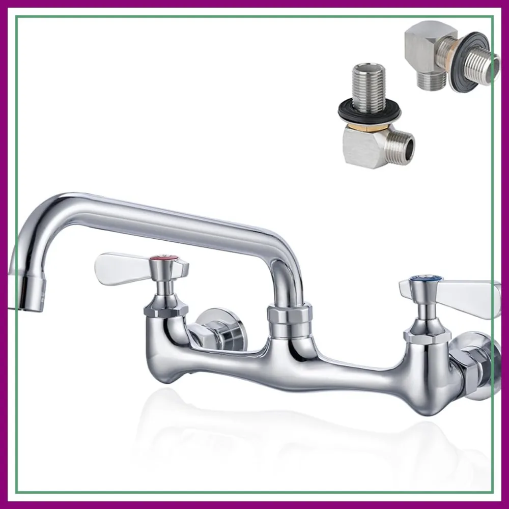 

8" Center Wall Mount Commercial Sink Faucet, Swivel Spout, Dual Handle, Chrome Brass for Restaurant Laundry Utility Kitchen