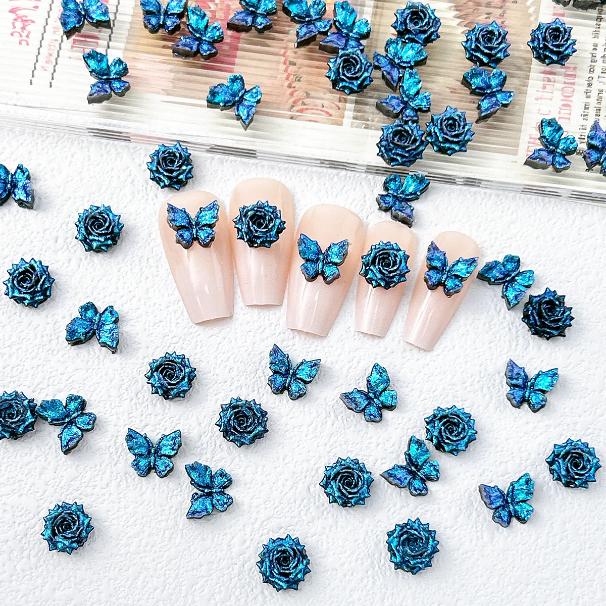 30PCS Luminous Creative Soft Butterfly Rose Resin Nail Charms 3D Deep Blue Fine Sparkling Flower Nail Art Decorations DIY Nails view 3