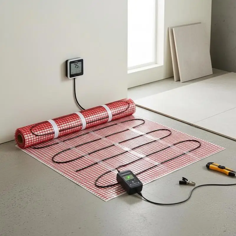 

Radiant Ground Warming Kit 10 Sq.ft. For Bathroom Kitchen Living Room, Digital Sensing Thermostat Installation Monitor 110-120V Adhesive Mesh Design Temperature Range 14℉-113℉ Heating Wire System Under Tile Stone Laminate Floor