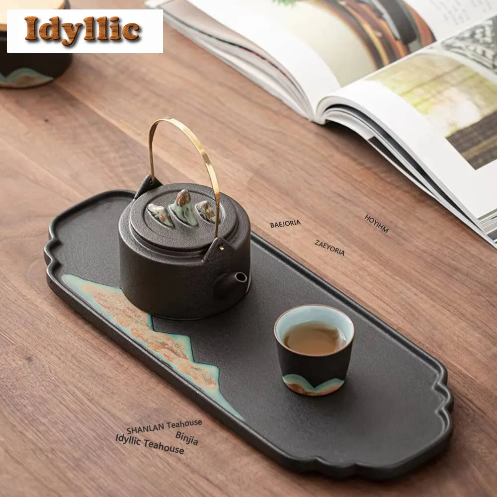 HOYIHM Japanese Glazed Painting Mountain Rectangular Pot Bearing Holder Boutique Dry Brew Table Tea Tray Board Services Gift