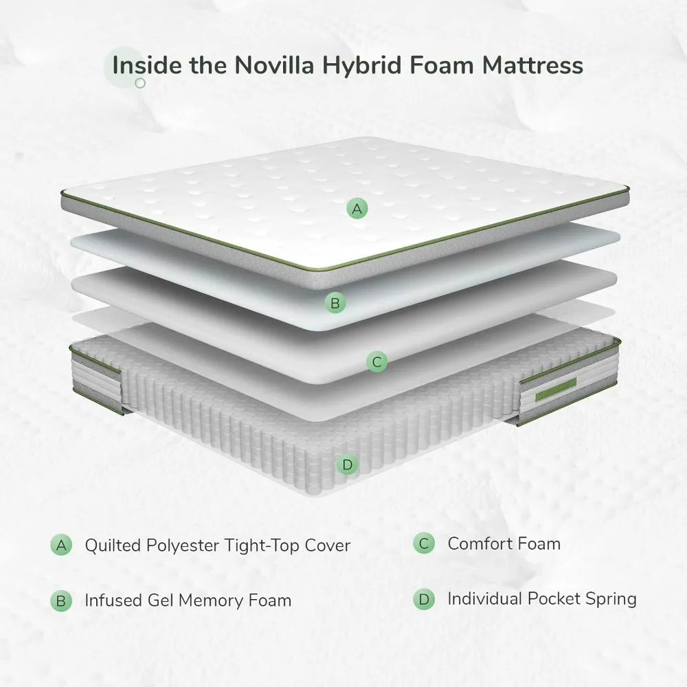 Novilla-Colchão de Espuma Híbrida, 10 ", Top, Twin Size, in a Box, Gel Memory Foam, Envolvido Individualmente