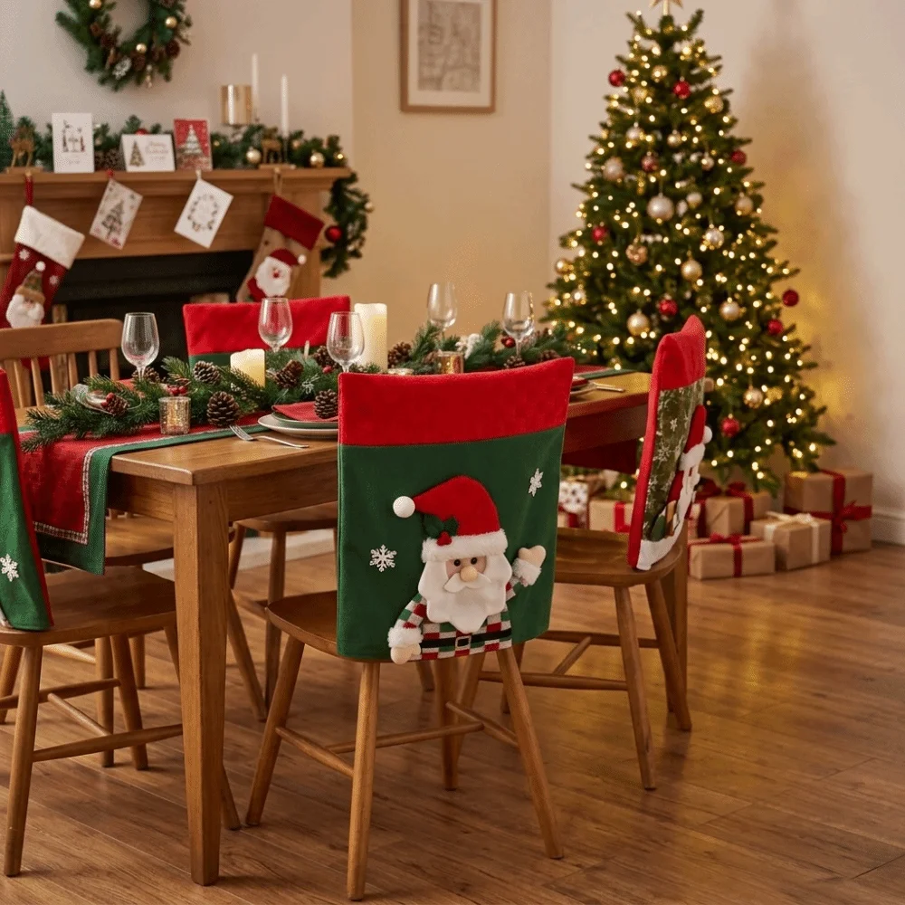 Snowman Christmas Chair Cover Santa Chair Protector Xmas Dinner Chair Seat Cover Easy Application Armchair Cover